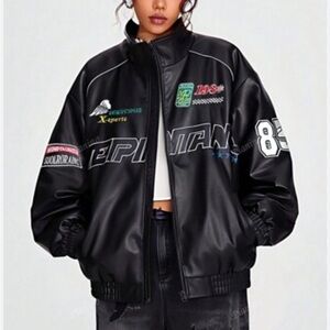 SHEIN Black Graphic Leather Jacket